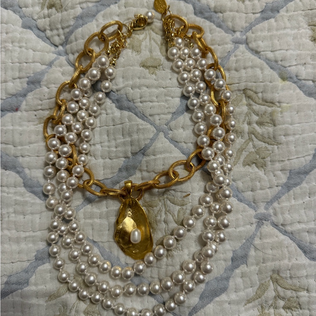 Multi-Strand Pearl And Gold Pendant Necklace